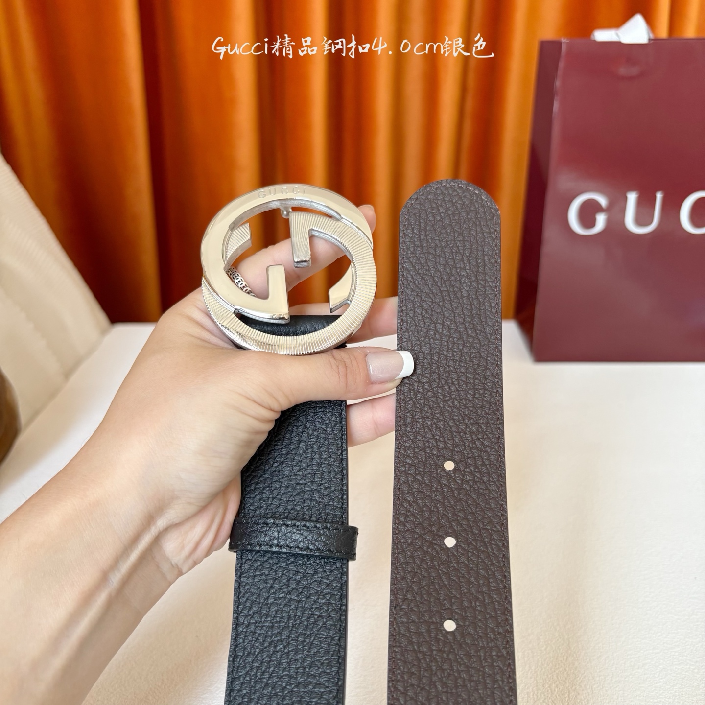 Gucci 经典款原版黑色荔枝纹面 搭配原版咖色荔枝纹底 精品钢扣 宽4.0 Cm 经典永不过时款 潮流