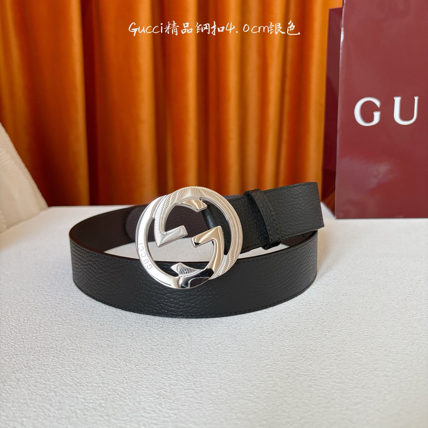 Gucci 经典款原版黑色荔枝纹面 搭配原版咖色荔枝纹底 精品钢扣 宽4.0 Cm 经典永不过时款 潮流