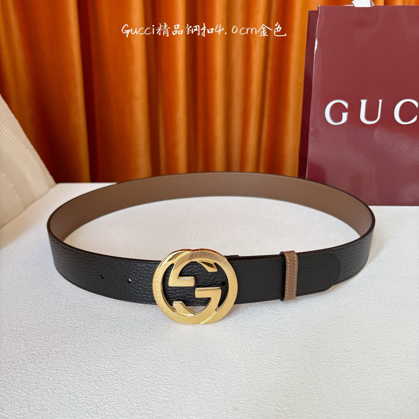 Gucci 经典款原版黑色荔枝纹面 搭配原版咖色荔枝纹底 精品钢扣 宽4.0 Cm 经典永不过时款 潮流