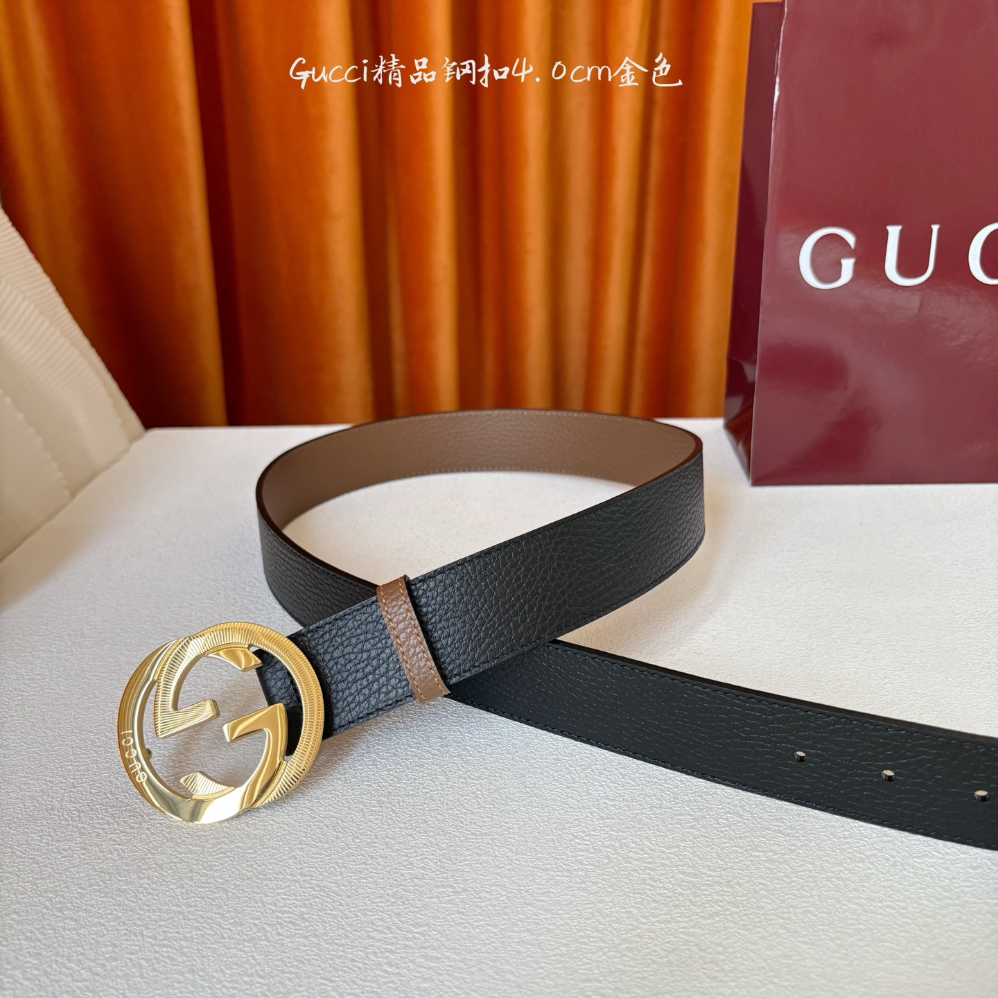 Gucci 经典款原版黑色荔枝纹面 搭配原版咖色荔枝纹底 精品钢扣 宽4.0 Cm 经典永不过时款 潮流