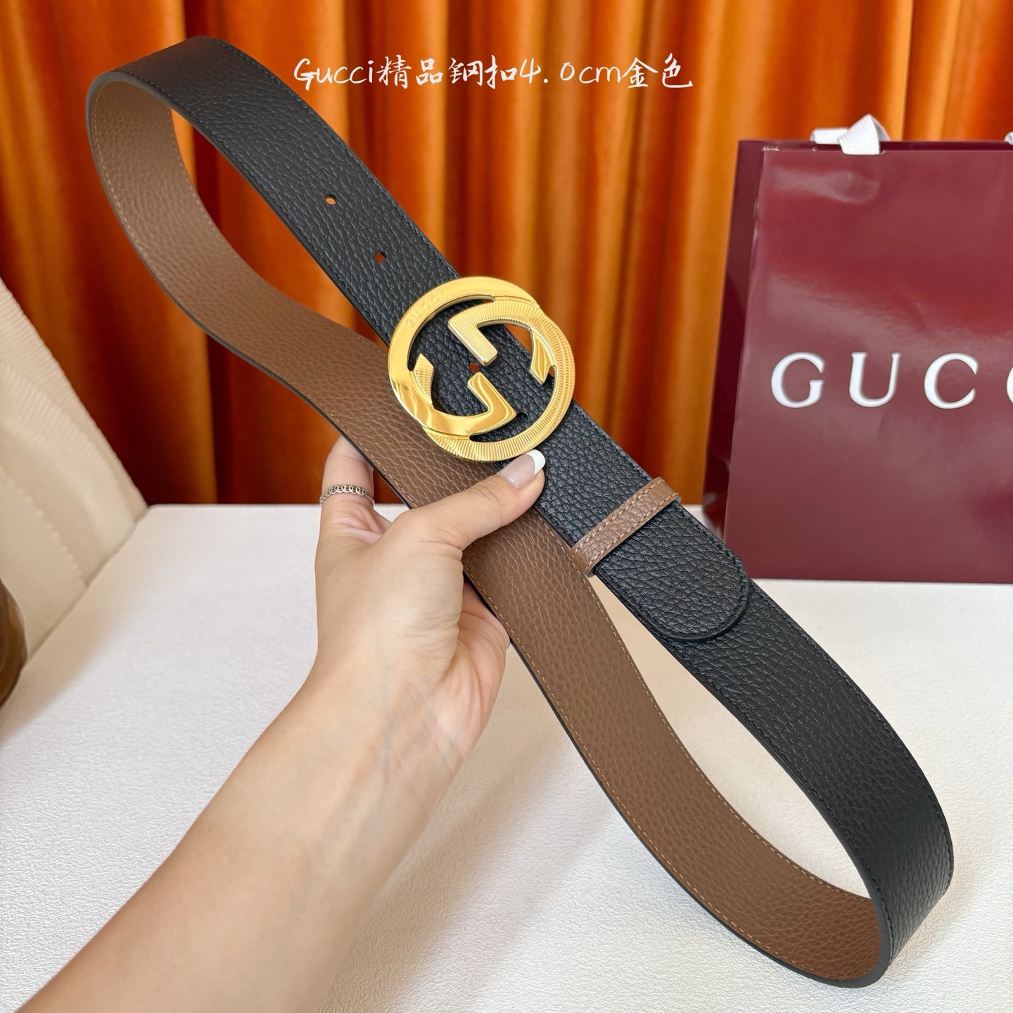 Gucci 经典款原版黑色荔枝纹面 搭配原版咖色荔枝纹底 精品钢扣 宽4.0 Cm 经典永不过时款 潮流