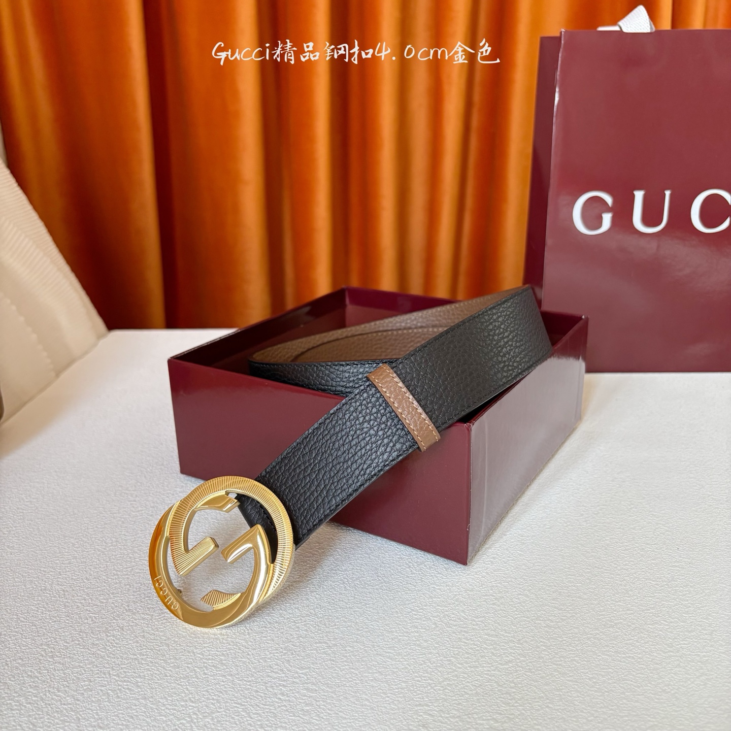 Gucci 经典款原版黑色荔枝纹面 搭配原版咖色荔枝纹底 精品钢扣 宽4.0 Cm 经典永不过时款 潮流