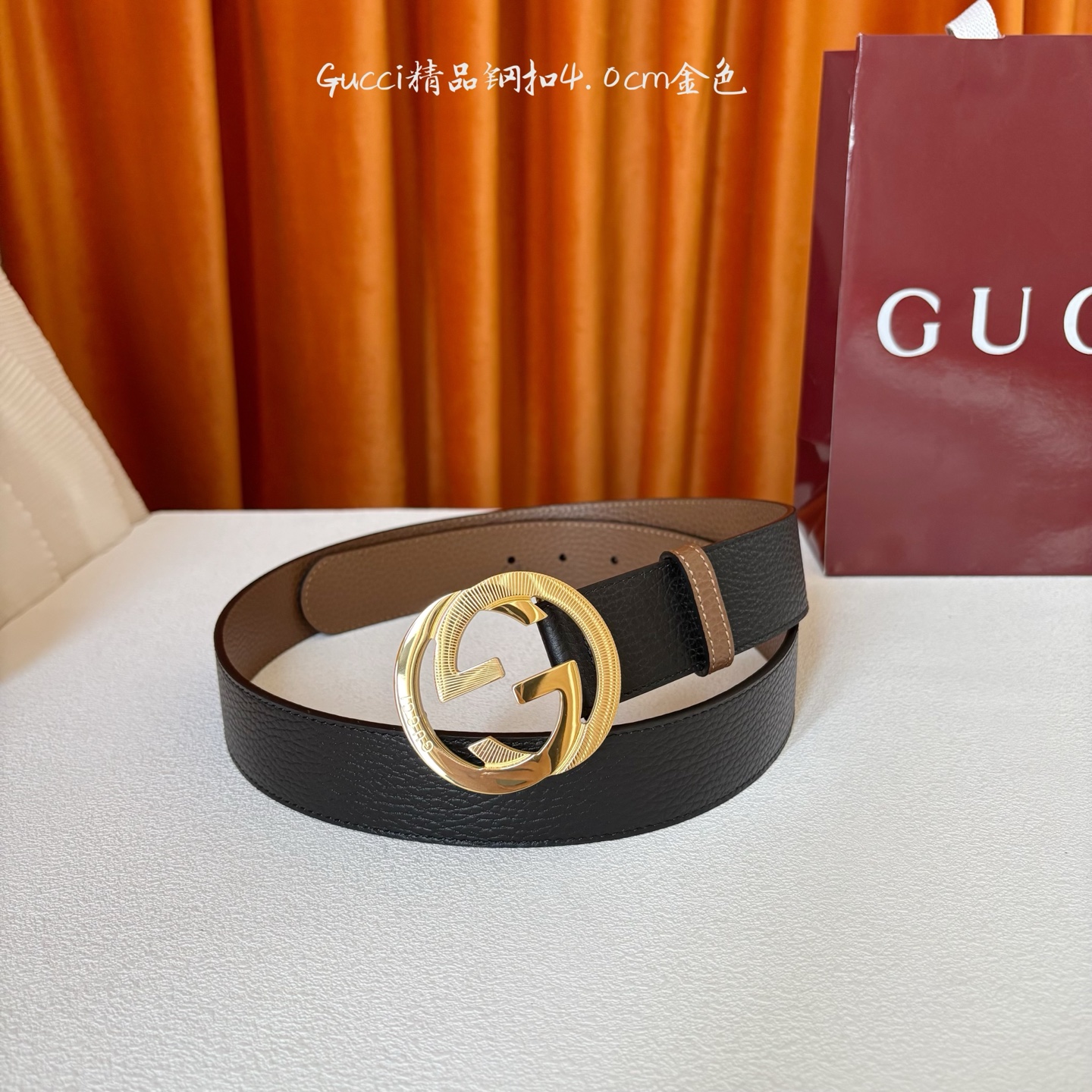 Gucci 经典款原版黑色荔枝纹面 搭配原版咖色荔枝纹底 精品钢扣 宽4.0 Cm 经典永不过时款 潮流