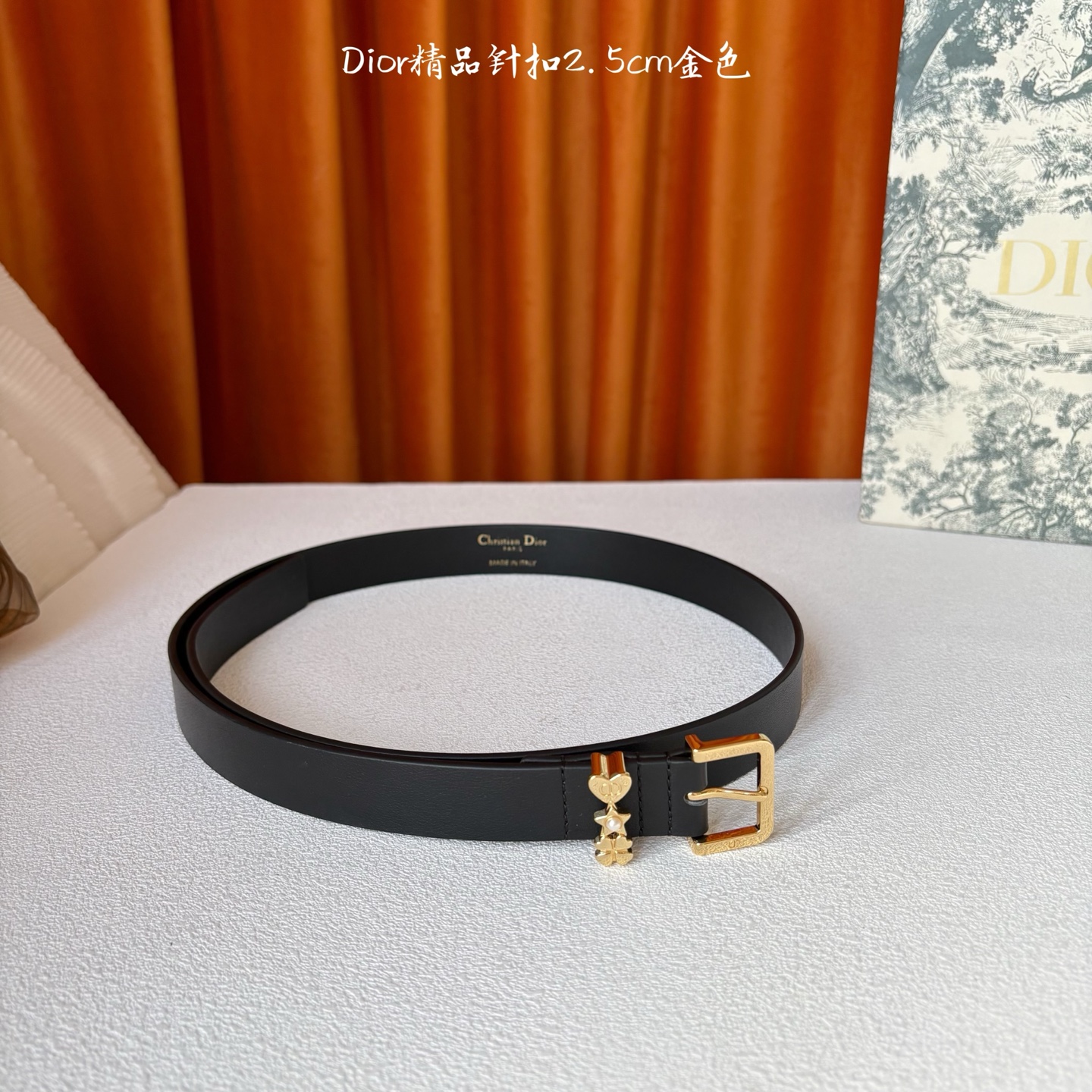 Dior这款Lucky Dior Loop一款时尚优雅的配饰。采用黑色光滑牛皮革等材质精心制作，搭配金色