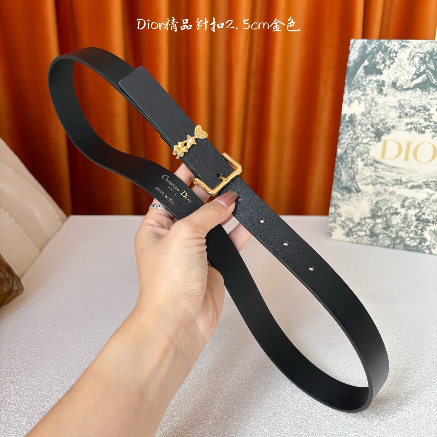 Dior这款Lucky Dior Loop一款时尚优雅的配饰。采用黑色光滑牛皮革等材质精心制作，搭配金色