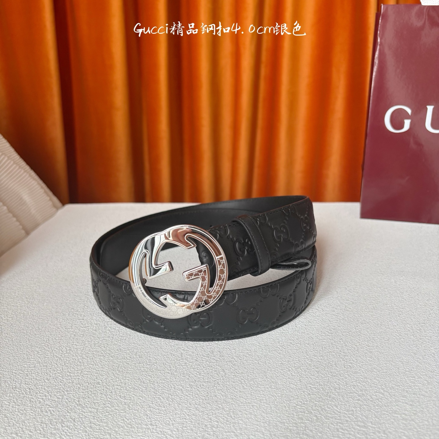 Gucci 经典款原版黑色压花面 搭配原版平纹底 精品钢扣 宽4.0 Cm 经典永不过时款 潮流大方 时