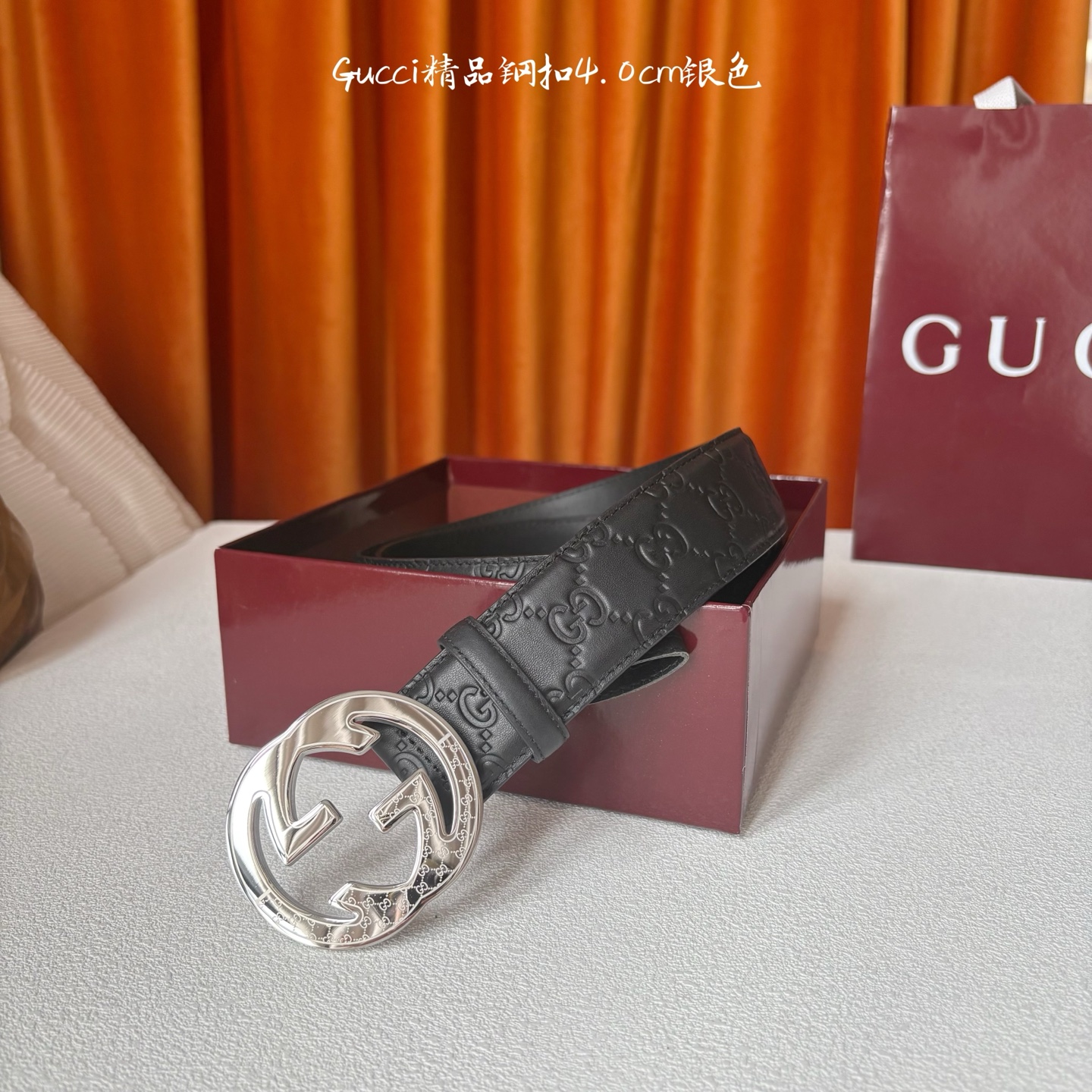 Gucci 经典款原版黑色压花面 搭配原版平纹底 精品钢扣 宽4.0 Cm 经典永不过时款 潮流大方 时