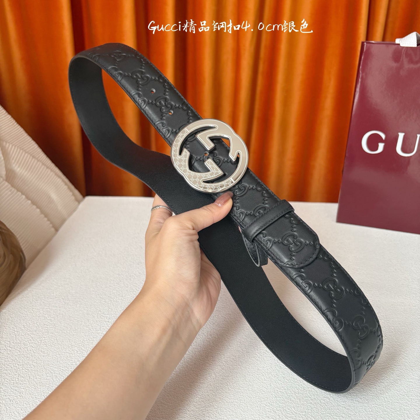 Gucci 经典款原版黑色压花面 搭配原版平纹底 精品钢扣 宽4.0 Cm 经典永不过时款 潮流大方 时