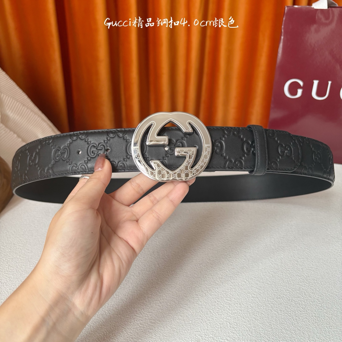 Gucci 经典款原版黑色压花面 搭配原版平纹底 精品钢扣 宽4.0 Cm 经典永不过时款 潮流大方 时