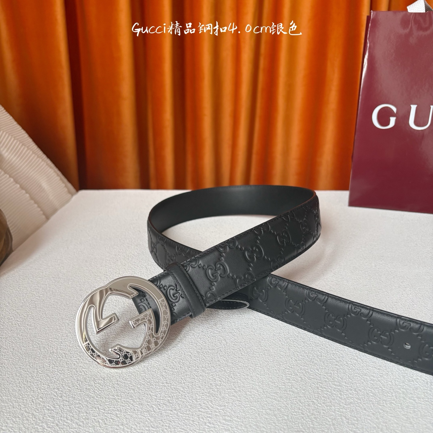 Gucci 经典款原版黑色压花面 搭配原版平纹底 精品钢扣 宽4.0 Cm 经典永不过时款 潮流大方 时