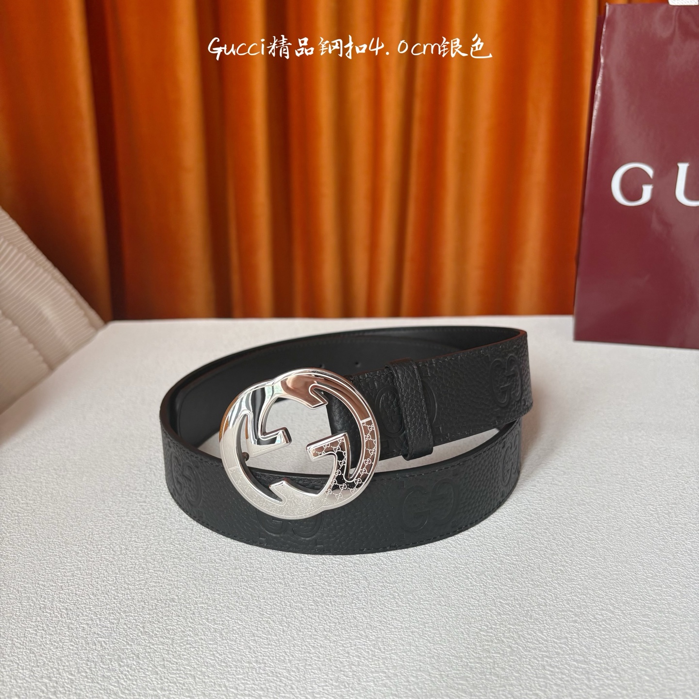 Gucci 经典款原版黑色压花面 搭配原版平纹底 精品钢扣 宽4.0 Cm 经典永不过时款 潮流大方 时