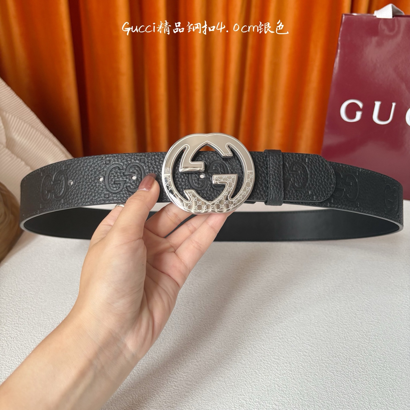 Gucci 经典款原版黑色压花面 搭配原版平纹底 精品钢扣 宽4.0 Cm 经典永不过时款 潮流大方 时