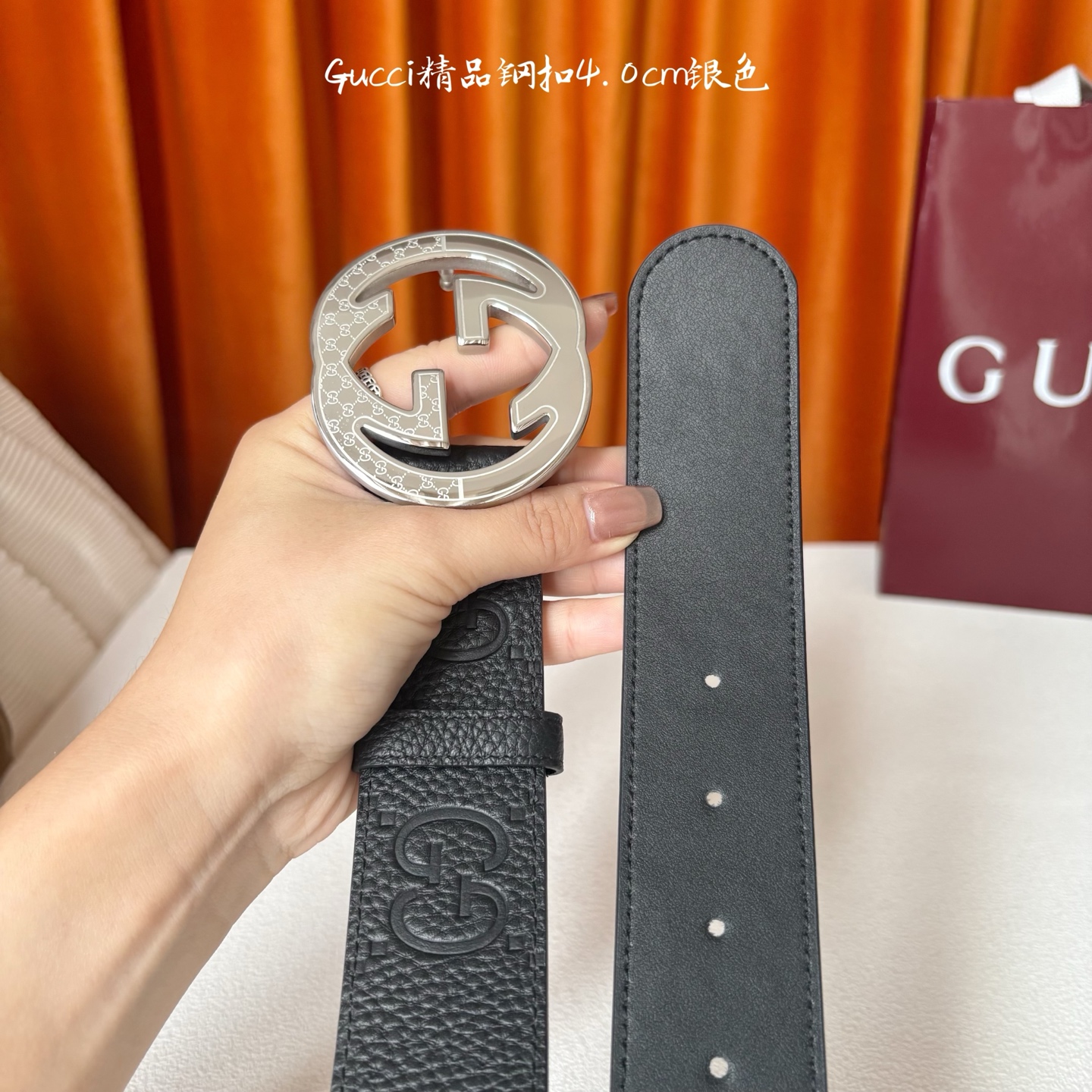 Gucci 经典款原版黑色压花面 搭配原版平纹底 精品钢扣 宽4.0 Cm 经典永不过时款 潮流大方 时
