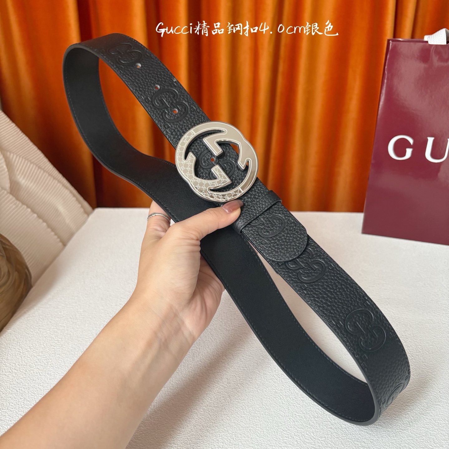 Gucci 经典款原版黑色压花面 搭配原版平纹底 精品钢扣 宽4.0 Cm 经典永不过时款 潮流大方 时