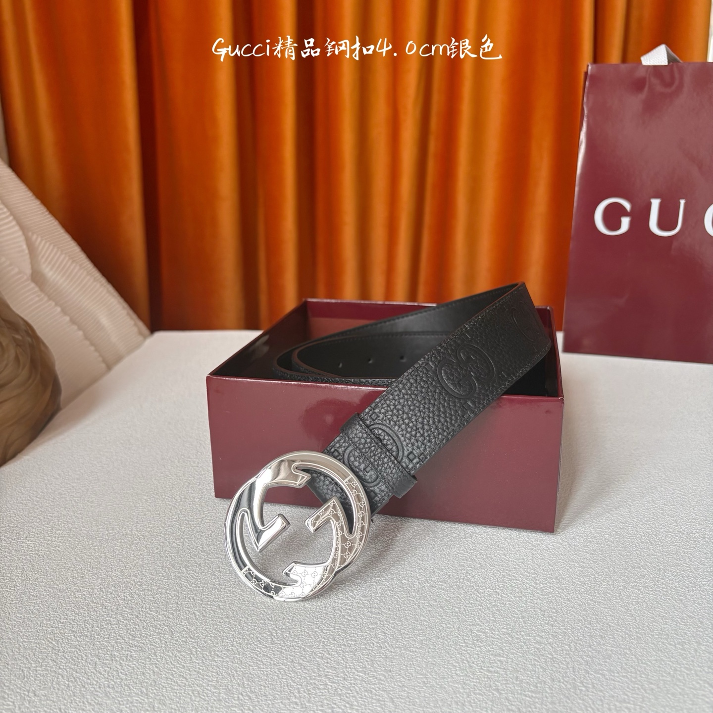 Gucci 经典款原版黑色压花面 搭配原版平纹底 精品钢扣 宽4.0 Cm 经典永不过时款 潮流大方 时