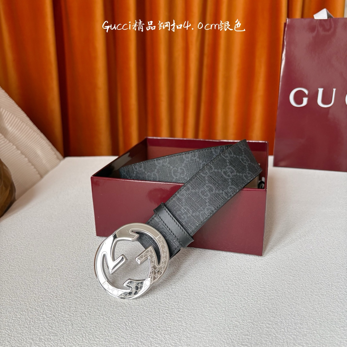 Gucci 经典款原版黑色印花面 搭配原版平纹底 精品钢扣 宽4.0 Cm 经典永不过时款 潮流大方 时