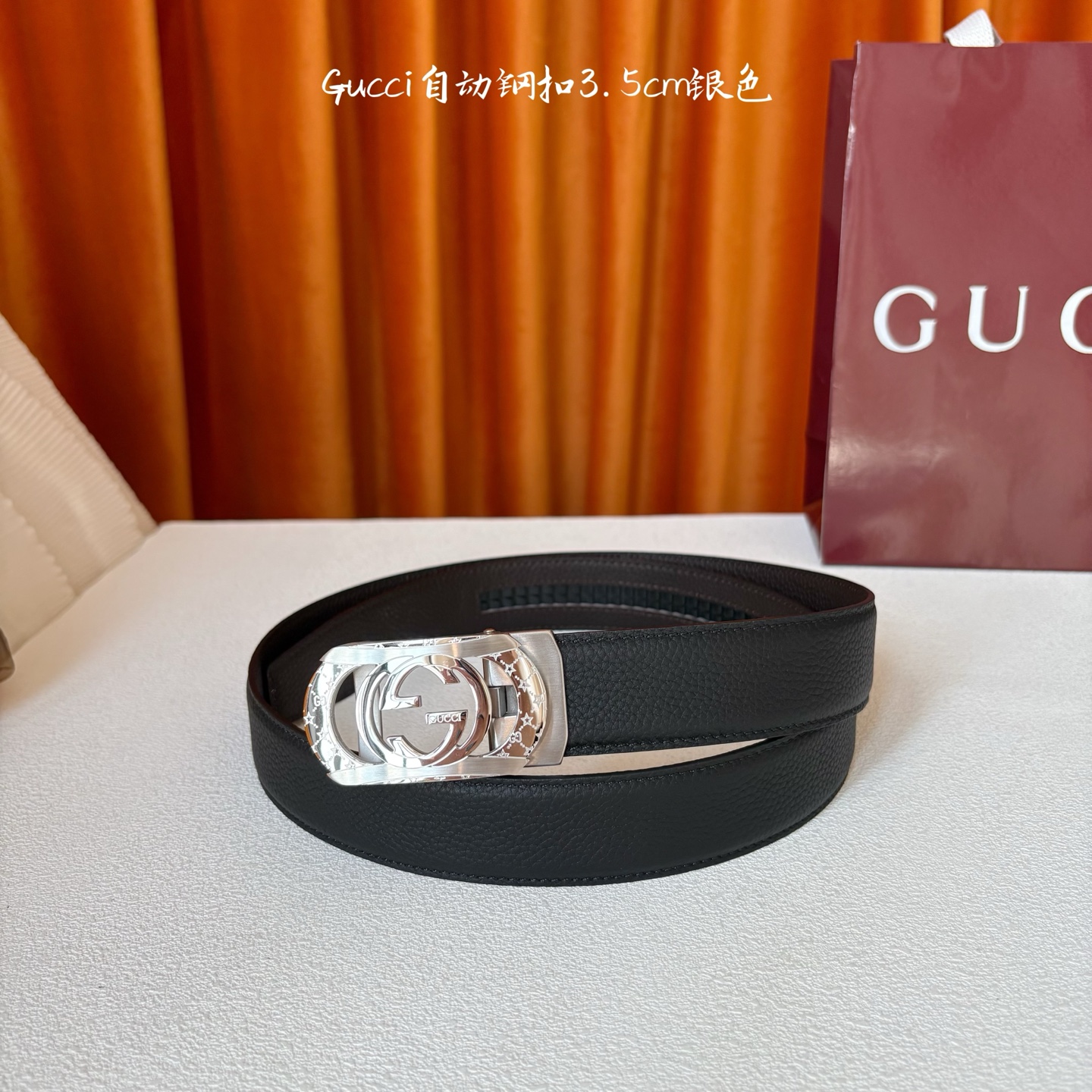 【古奇】 Gucci新款小牛皮，手感细腻柔软，搭配纯钢自动精品扣，男士必备！宽度：3.5cm