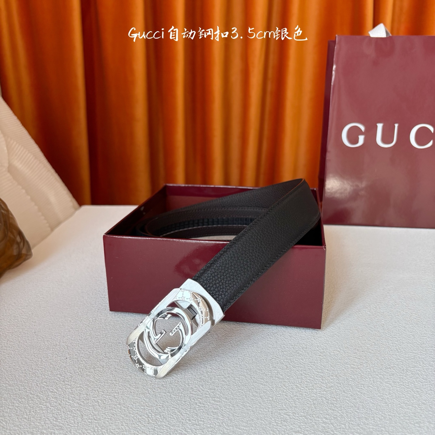 【古奇】 Gucci新款小牛皮，手感细腻柔软，搭配纯钢自动精品扣，男士必备！宽度：3.5cm