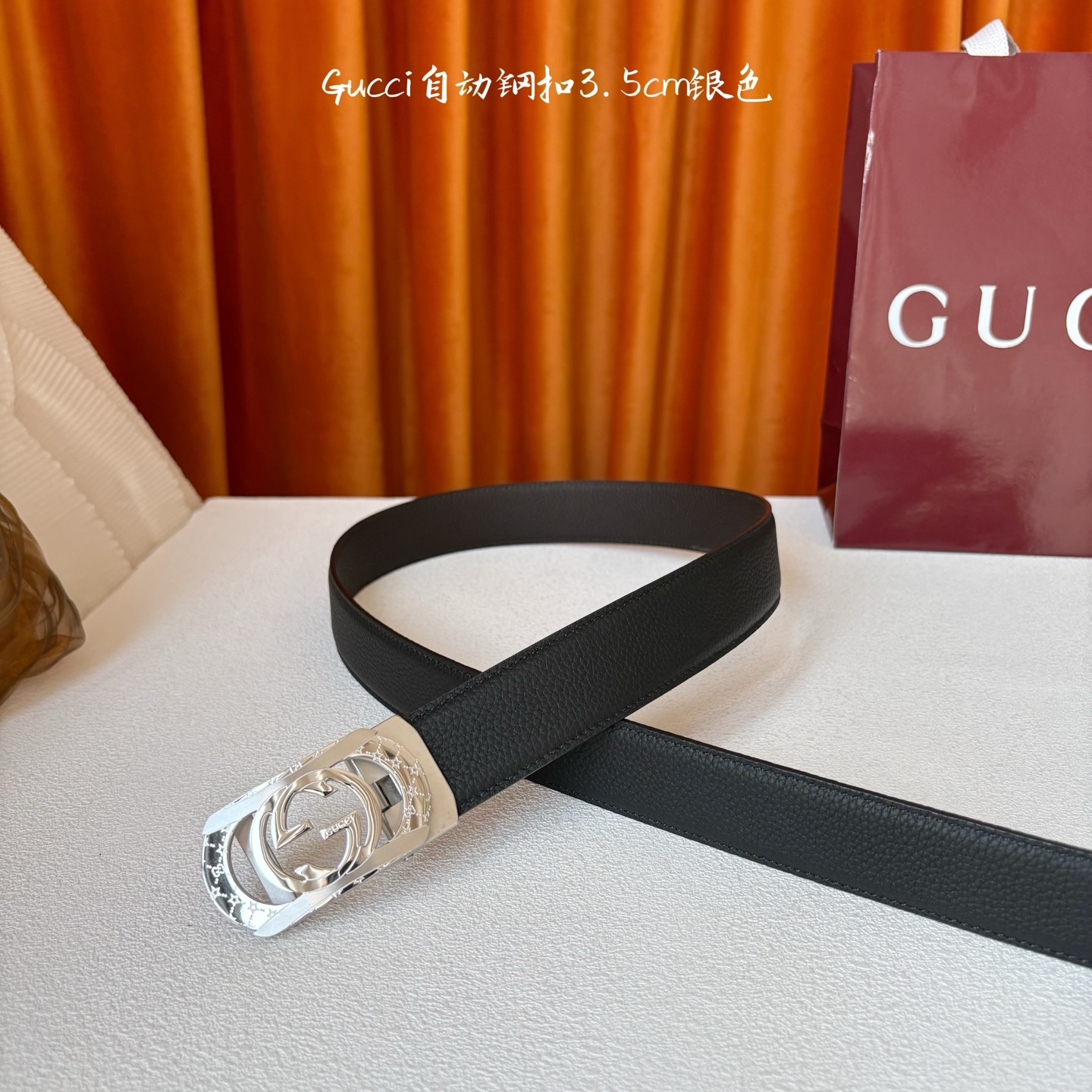 【古奇】 Gucci新款小牛皮，手感细腻柔软，搭配纯钢自动精品扣，男士必备！宽度：3.5cm