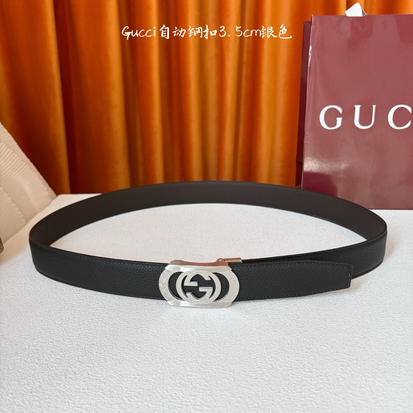 【古奇】 Gucci新款小牛皮，手感细腻柔软，搭配纯钢自动精品扣，男士必备！宽度：3.5cm