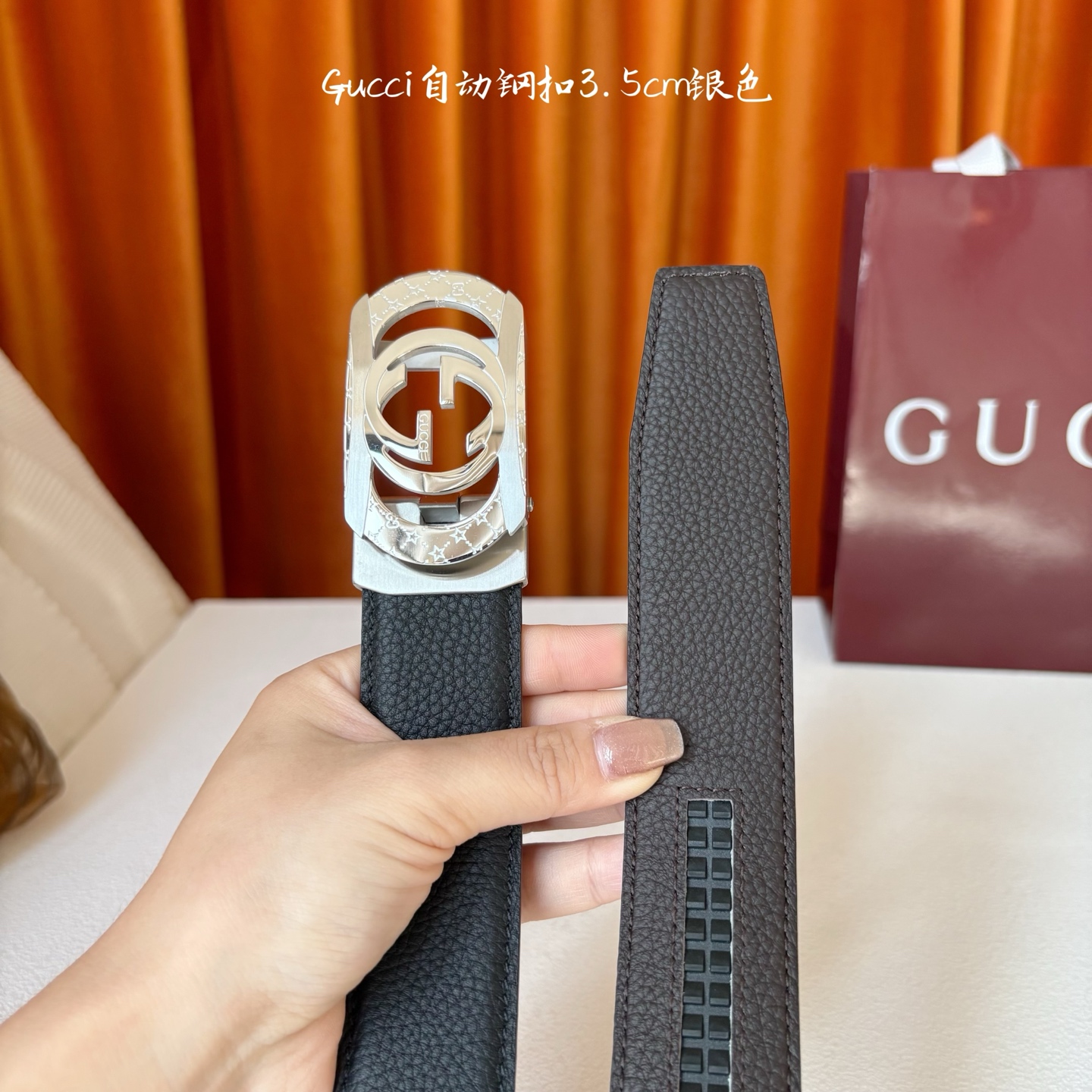 【古奇】 Gucci新款小牛皮，手感细腻柔软，搭配纯钢自动精品扣，男士必备！宽度：3.5cm