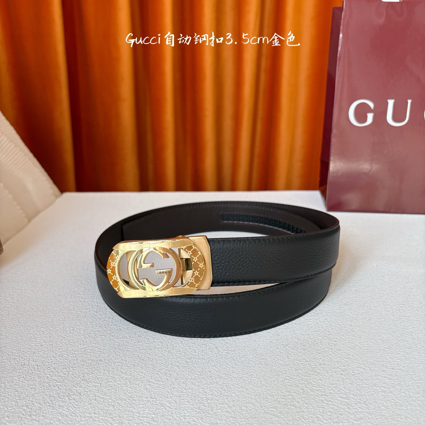 【古奇】 Gucci新款小牛皮，手感细腻柔软，搭配纯钢自动精品扣，男士必备！宽度：3.5cm