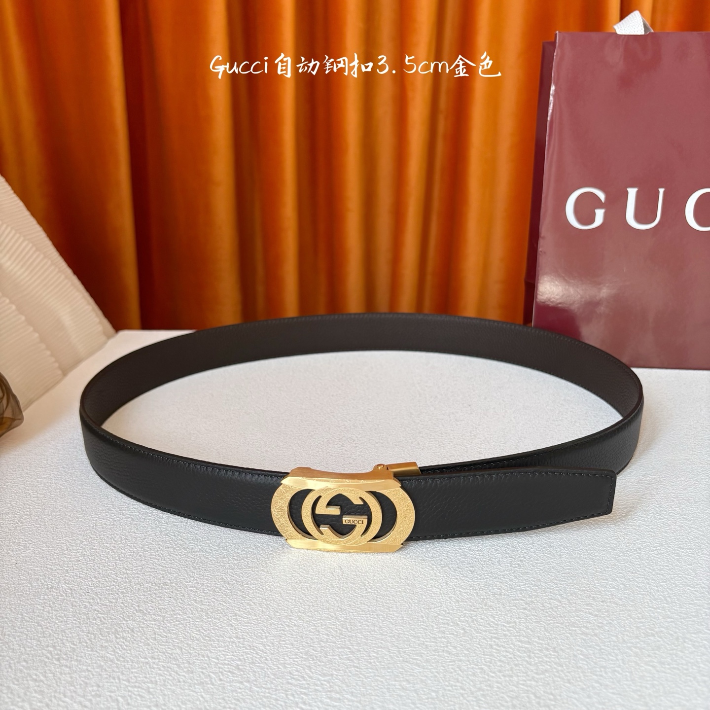 【古奇】 Gucci新款小牛皮，手感细腻柔软，搭配纯钢自动精品扣，男士必备！宽度：3.5cm