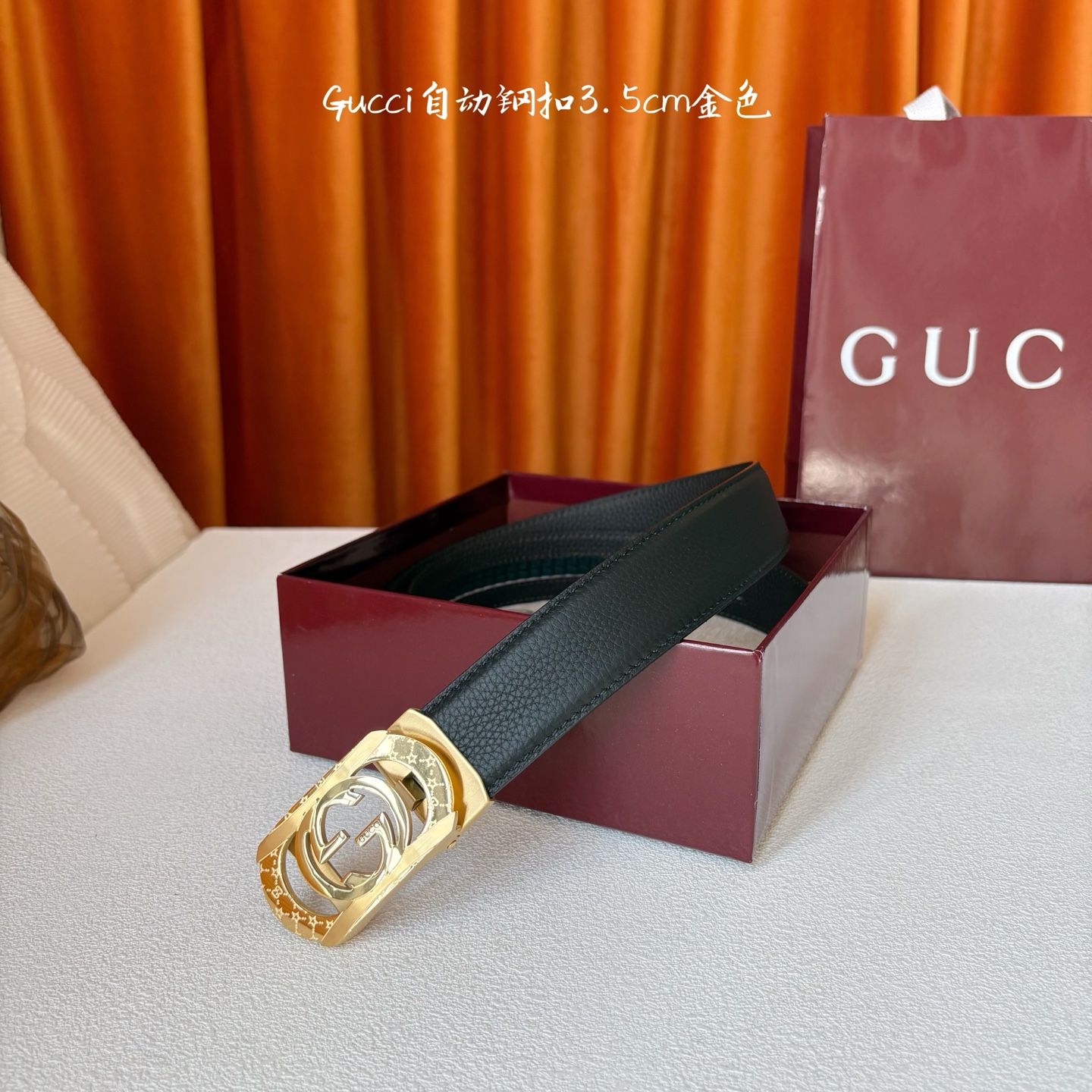 【古奇】 Gucci新款小牛皮，手感细腻柔软，搭配纯钢自动精品扣，男士必备！宽度：3.5cm