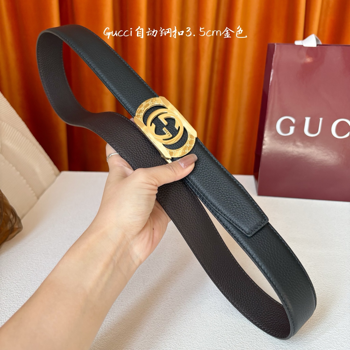 【古奇】 Gucci新款小牛皮，手感细腻柔软，搭配纯钢自动精品扣，男士必备！宽度：3.5cm