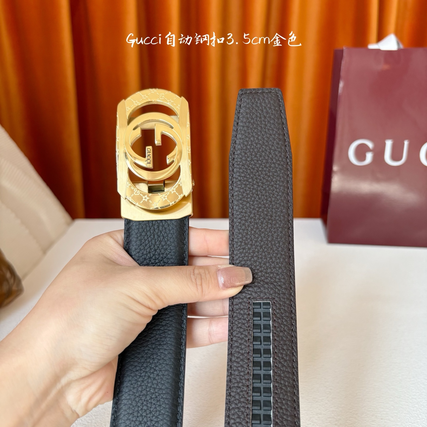 【古奇】 Gucci新款小牛皮，手感细腻柔软，搭配纯钢自动精品扣，男士必备！宽度：3.5cm