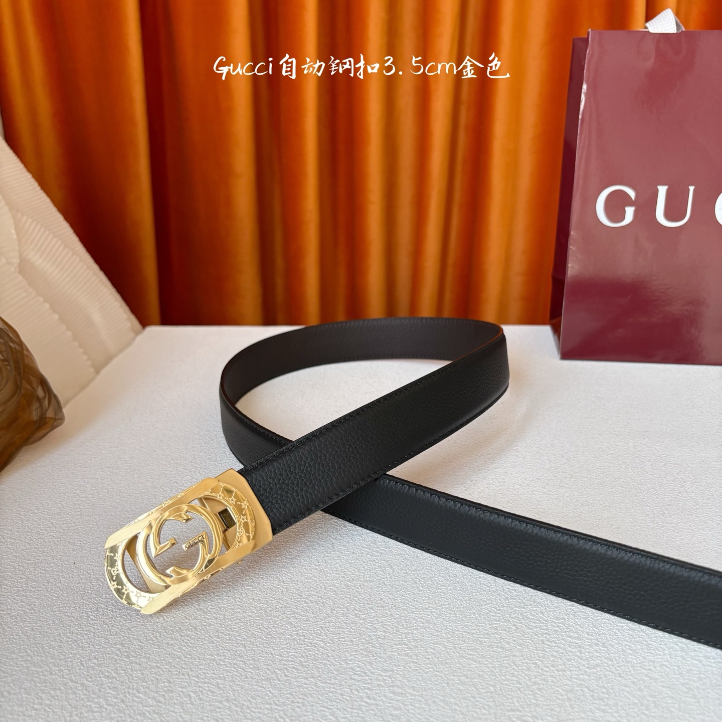 【古奇】 Gucci新款小牛皮，手感细腻柔软，搭配纯钢自动精品扣，男士必备！宽度：3.5cm