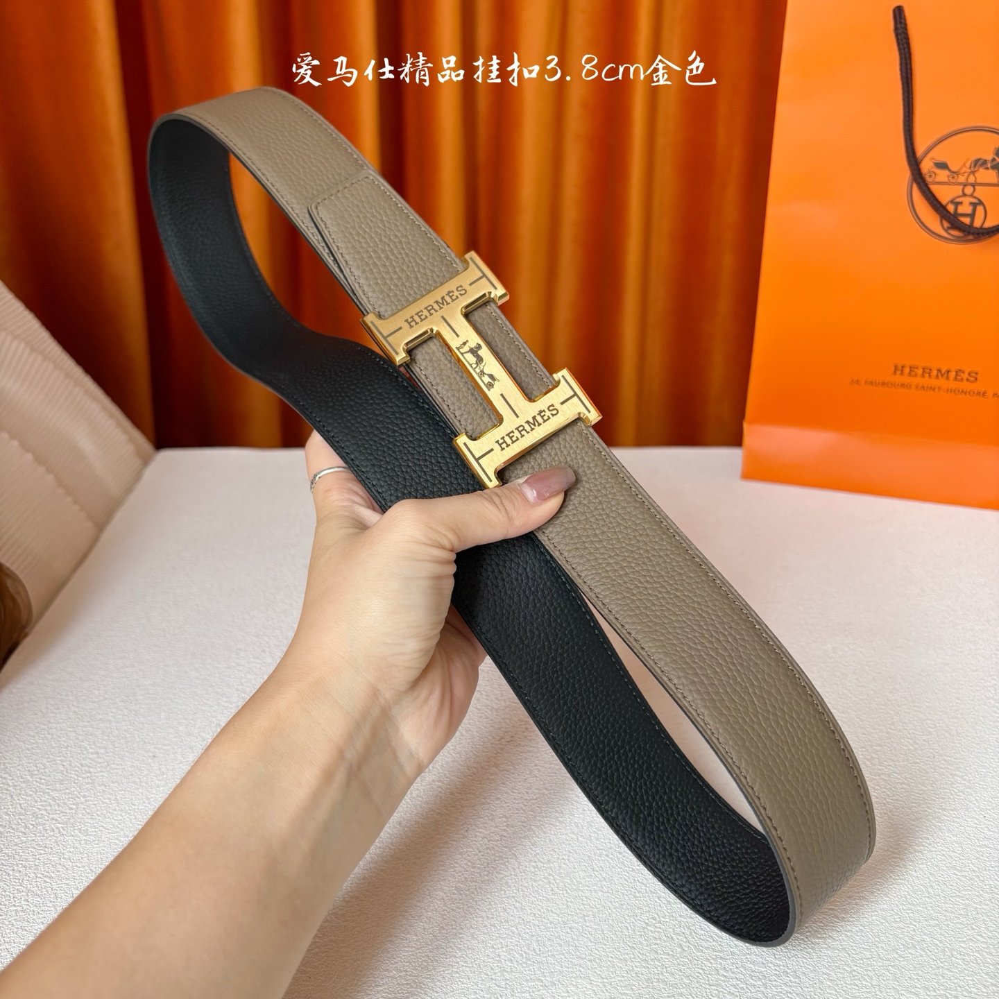 【爱马仕】Hermes 原单爱马仕，宽3.8cm进口原版皮带身，双面可两面用，精品电镀五金 ！