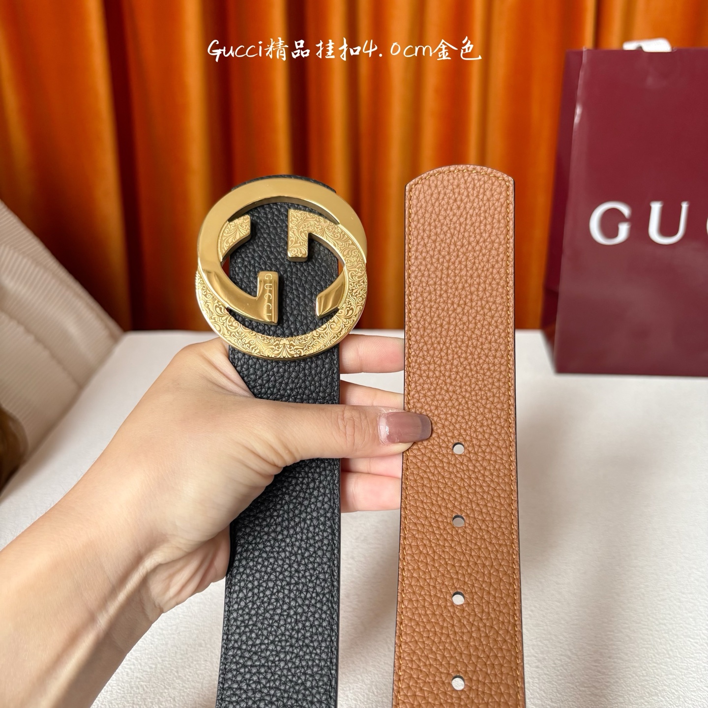 Gucci2025秋冬新作，黑土黄双面荔枝纹搭配可拆卸互扣式双G搭扣，双面可用，潮流时尚。