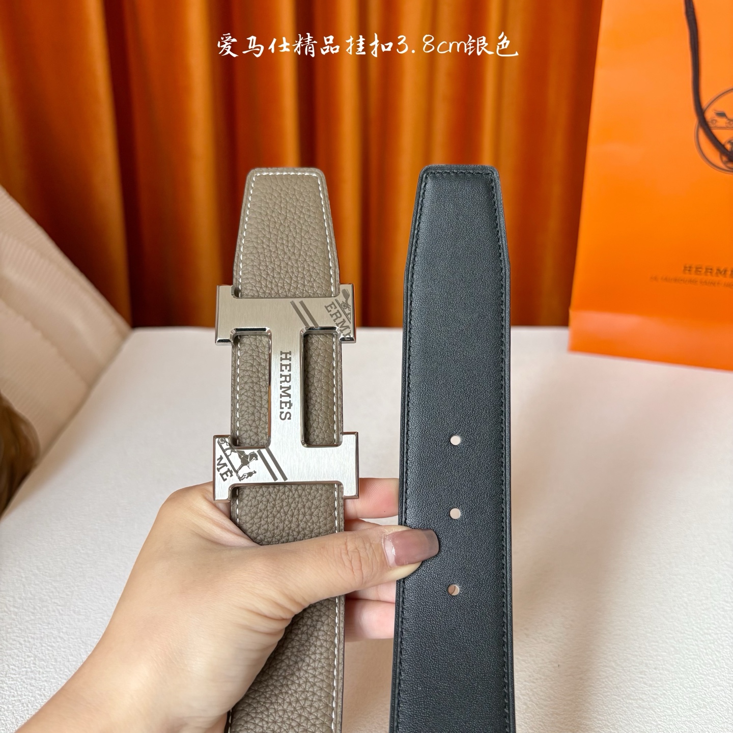 【爱马仕】Hermes 原单爱马仕，宽3.8cm进口原版皮带身，双面可两面用，精品电镀五金 ！