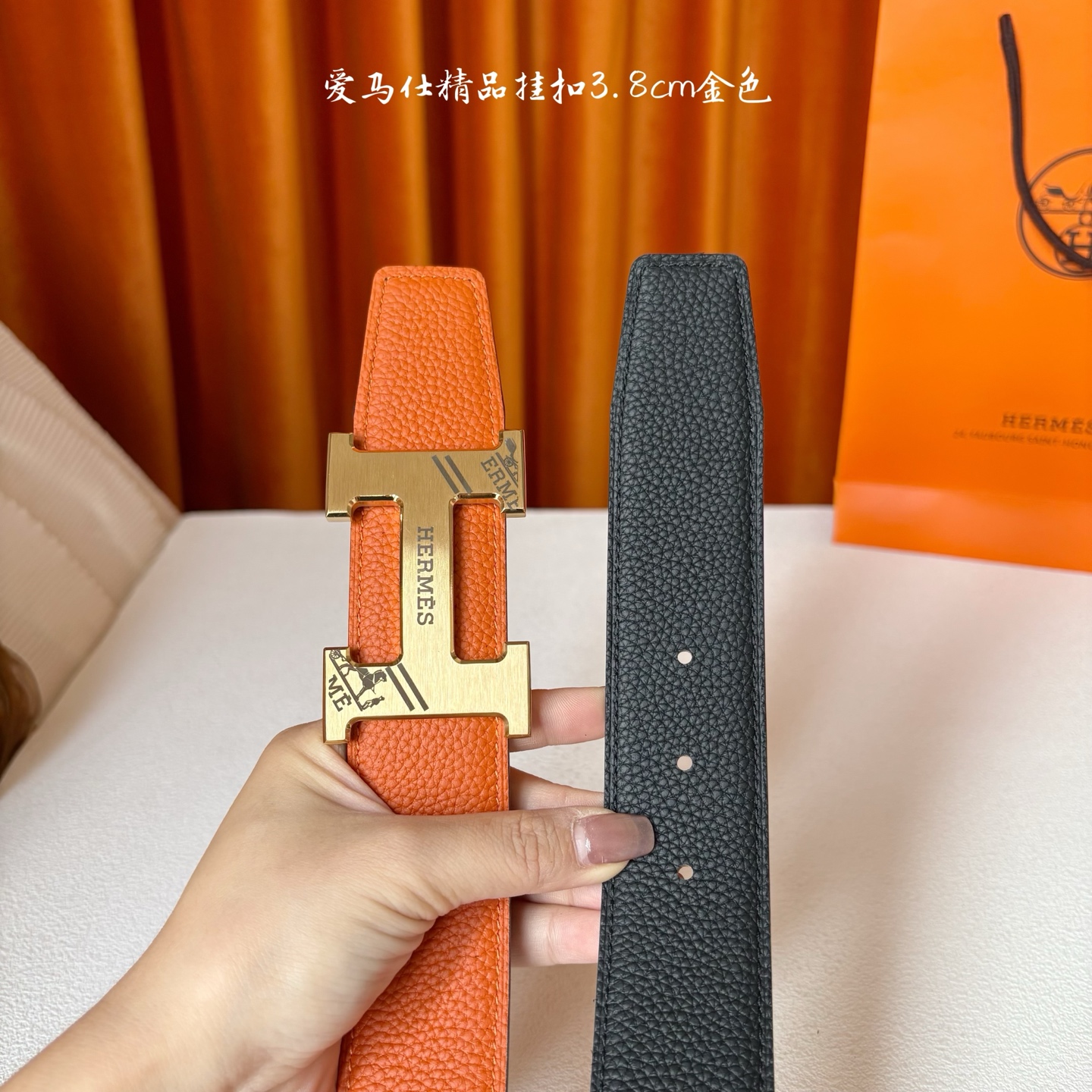 【爱马仕】Hermes 原单爱马仕，宽3.8cm进口原版皮带身，双面可两面用，精品电镀五金 ！