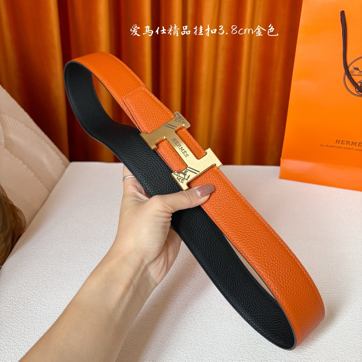 【爱马仕】Hermes 原单爱马仕，宽3.8cm进口原版皮带身，双面可两面用，精品电镀五金 ！