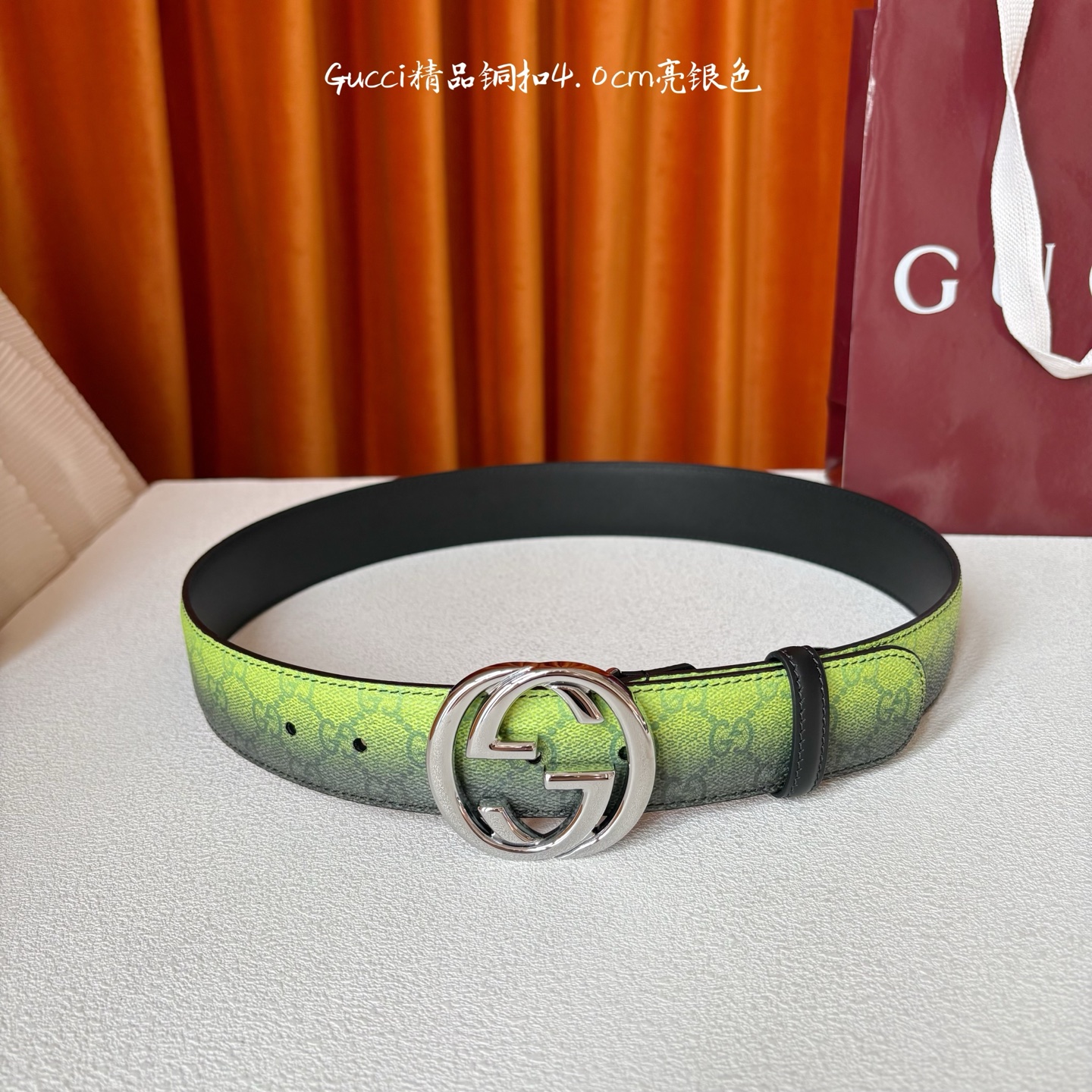 Gucci 新款渐变色绿色面 搭配黑色原版皮底 精品铜扣 宽4.0Cm 经典永不过时款 潮流大方 时尚百