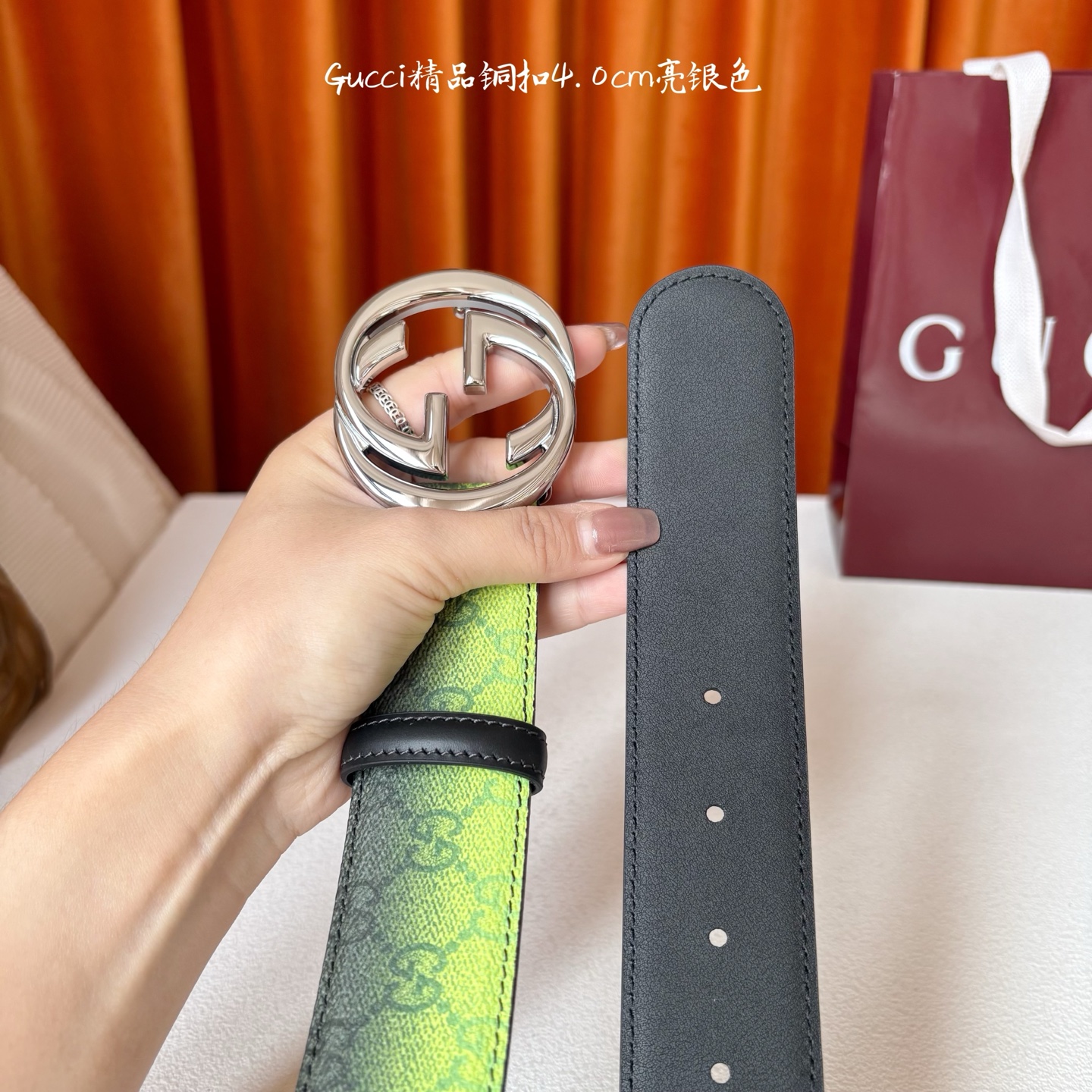 Gucci 新款渐变色绿色面 搭配黑色原版皮底 精品铜扣 宽4.0Cm 经典永不过时款 潮流大方 时尚百