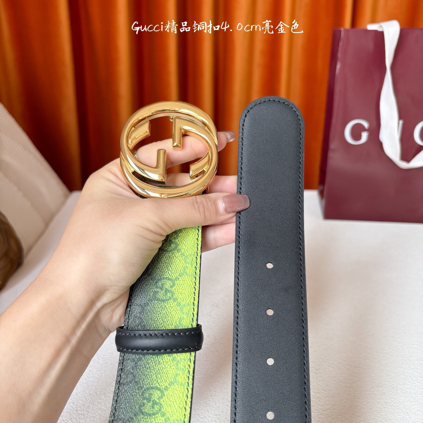 Gucci 新款渐变色绿色面 搭配黑色原版皮底 精品铜扣 宽4.0Cm 经典永不过时款 潮流大方 时尚百
