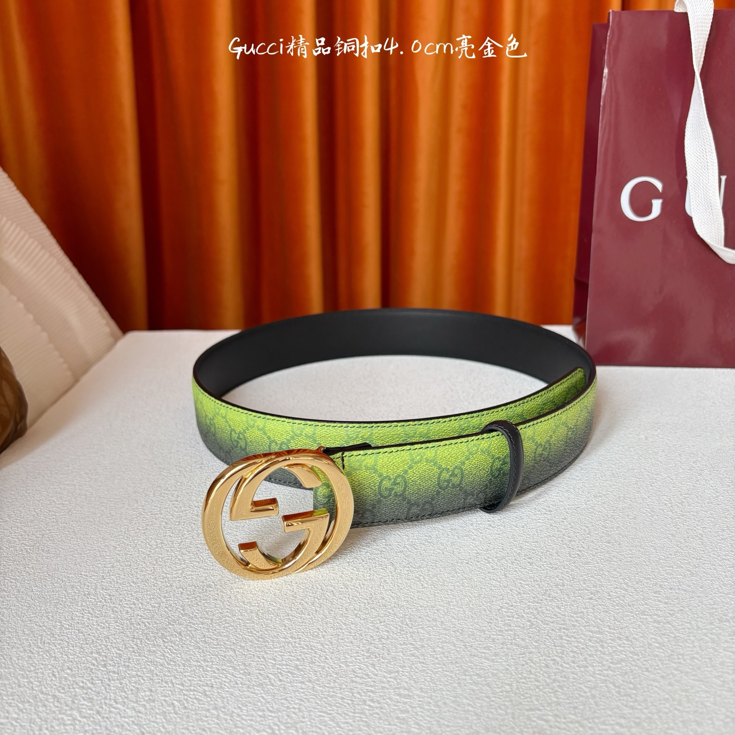Gucci 新款渐变色绿色面 搭配黑色原版皮底 精品铜扣 宽4.0Cm 经典永不过时款 潮流大方 时尚百