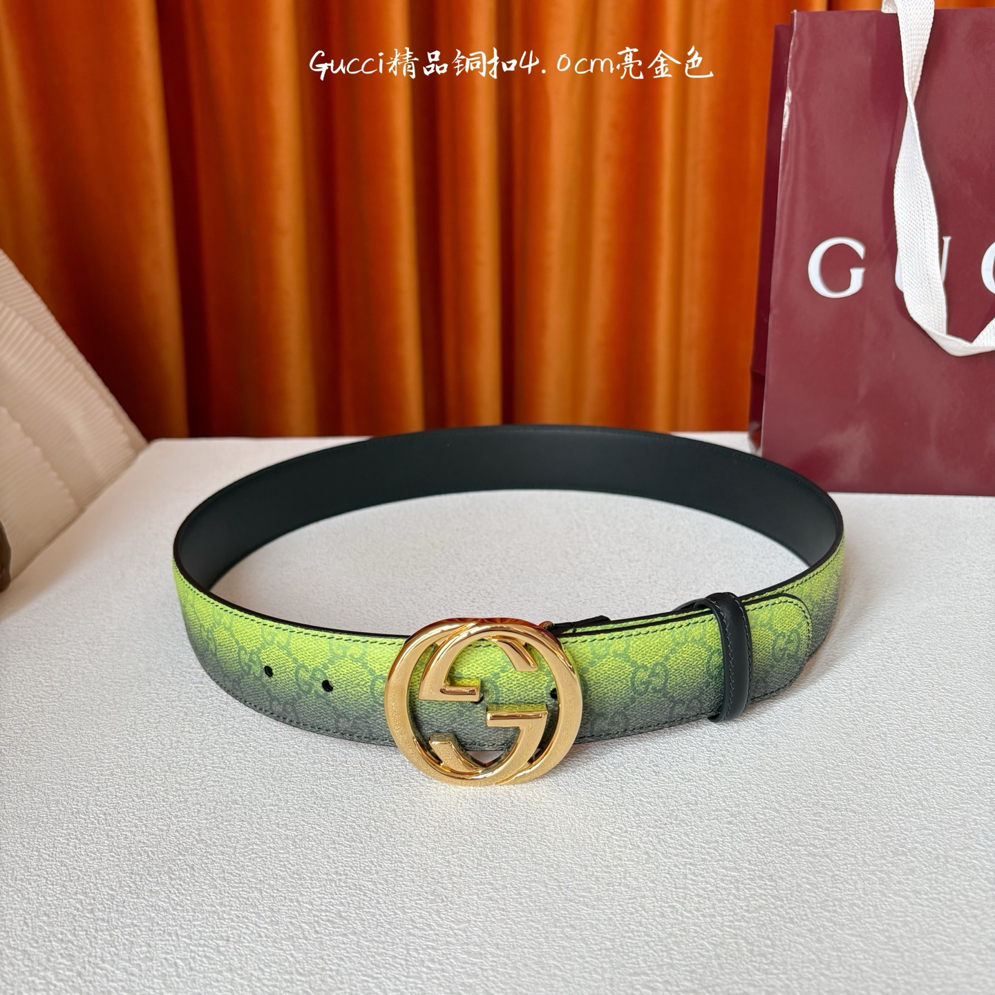 Gucci 新款渐变色绿色面 搭配黑色原版皮底 精品铜扣 宽4.0Cm 经典永不过时款 潮流大方 时尚百