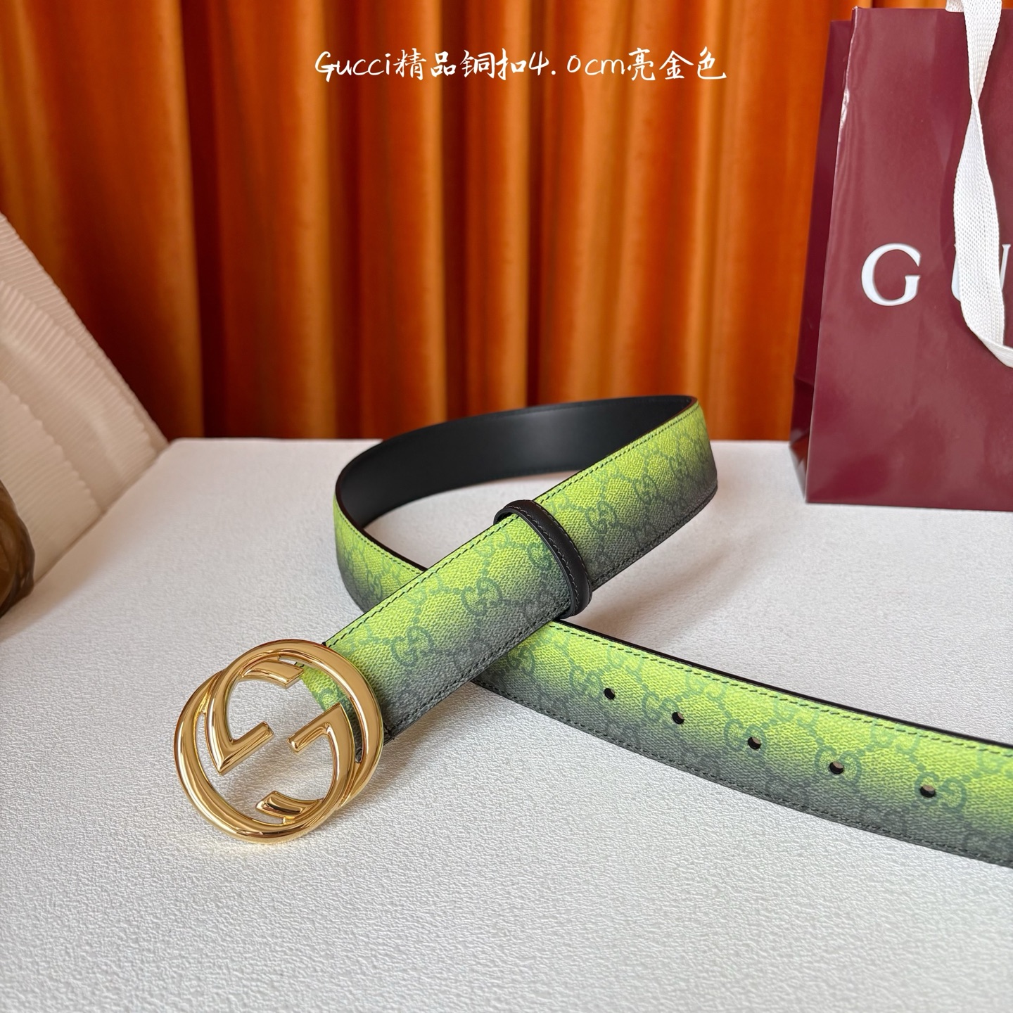 Gucci 新款渐变色绿色面 搭配黑色原版皮底 精品铜扣 宽4.0Cm 经典永不过时款 潮流大方 时尚百