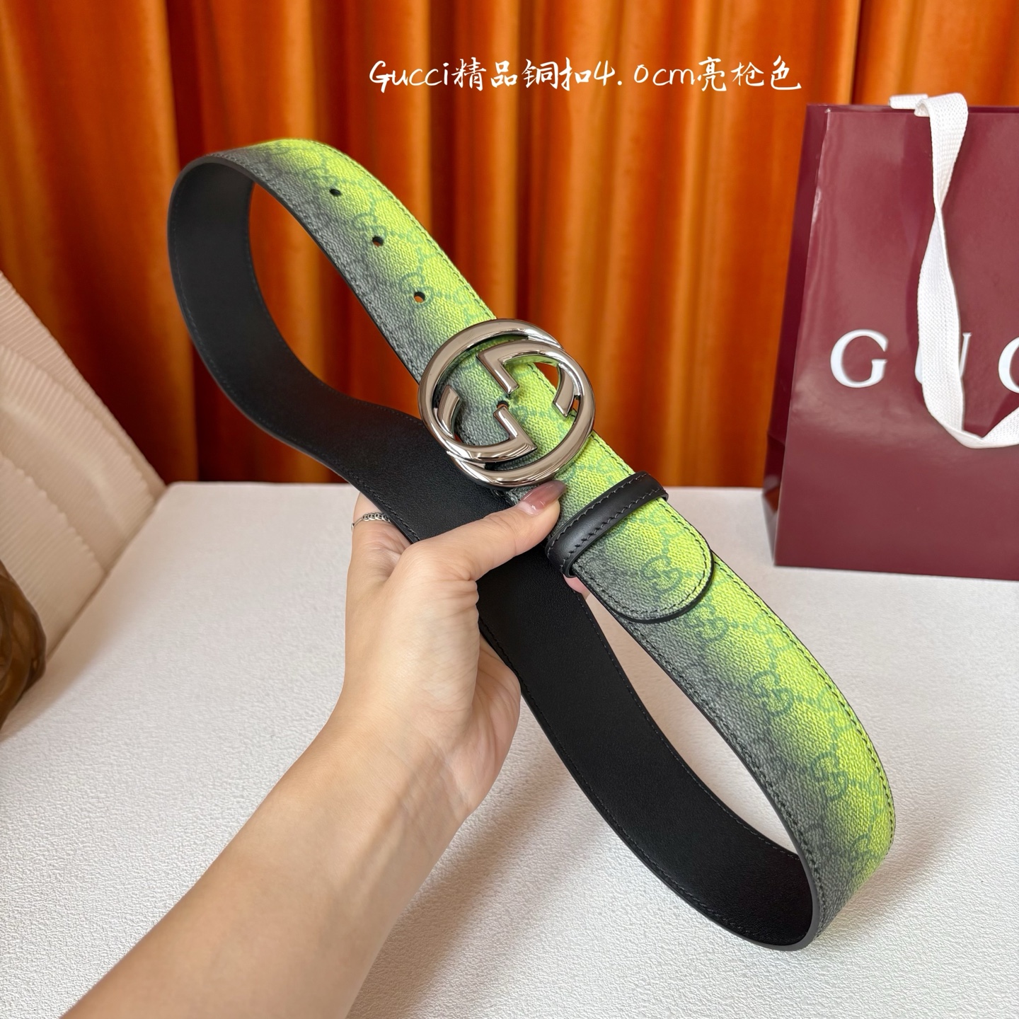 Gucci 新款渐变色绿色面 搭配黑色原版皮底 精品铜扣 宽4.0Cm 经典永不过时款 潮流大方 时尚百