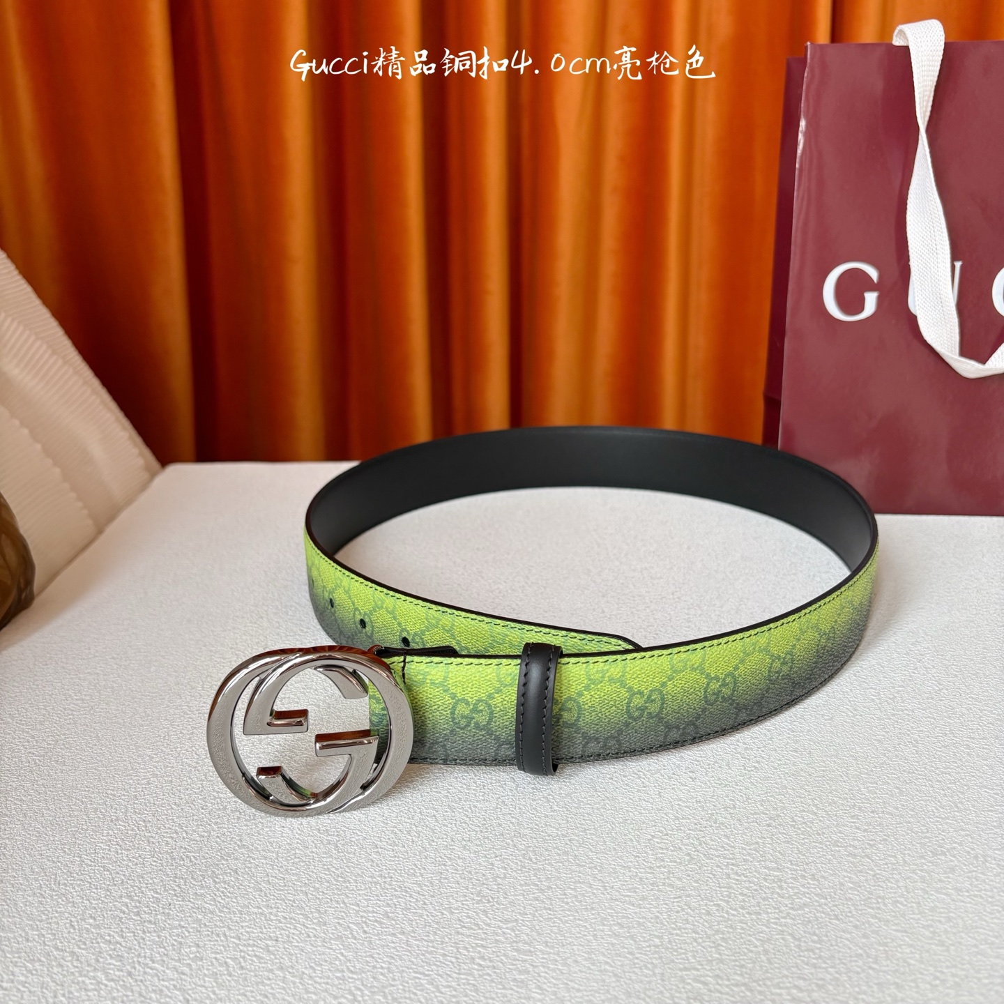 Gucci 新款渐变色绿色面 搭配黑色原版皮底 精品铜扣 宽4.0Cm 经典永不过时款 潮流大方 时尚百