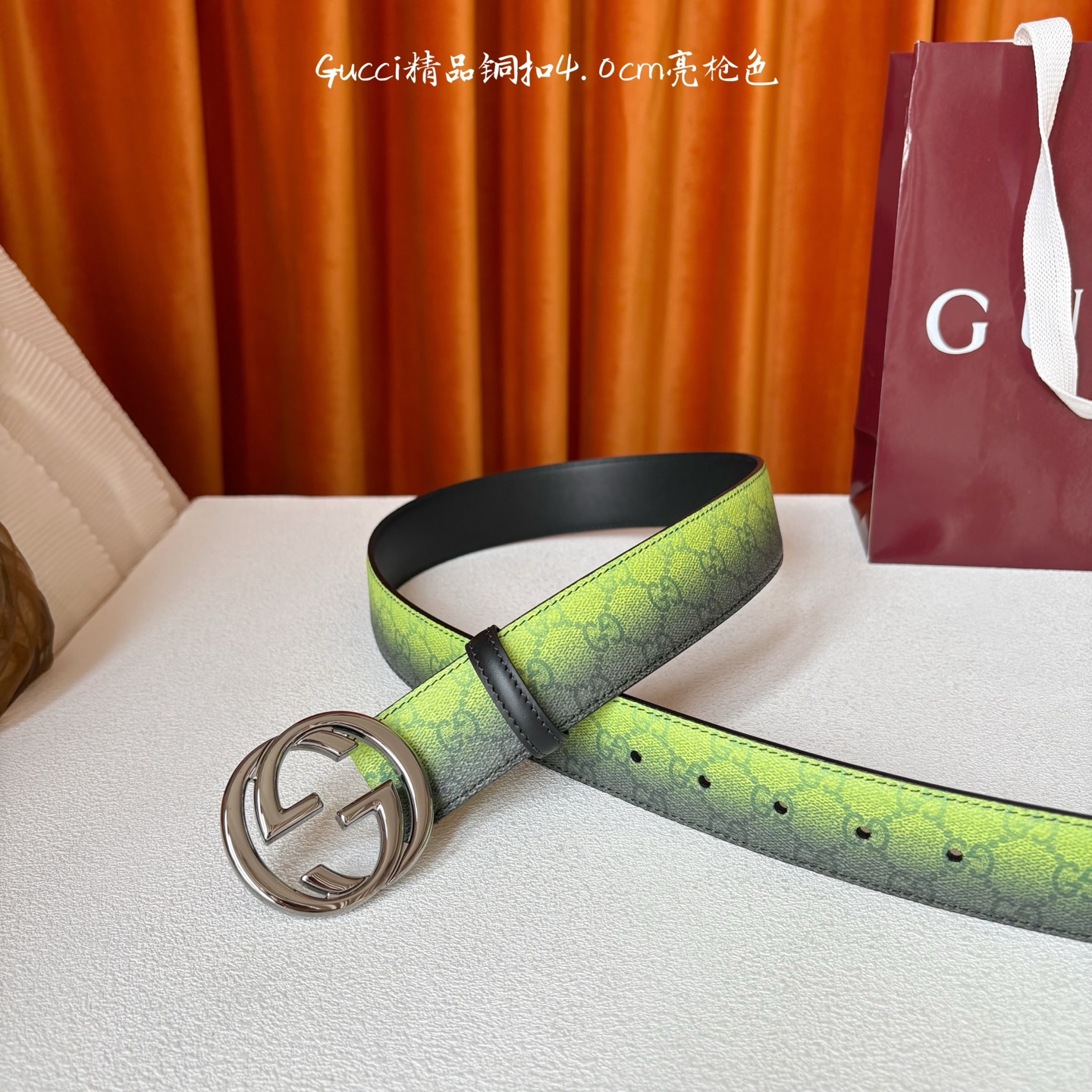 Gucci 新款渐变色绿色面 搭配黑色原版皮底 精品铜扣 宽4.0Cm 经典永不过时款 潮流大方 时尚百