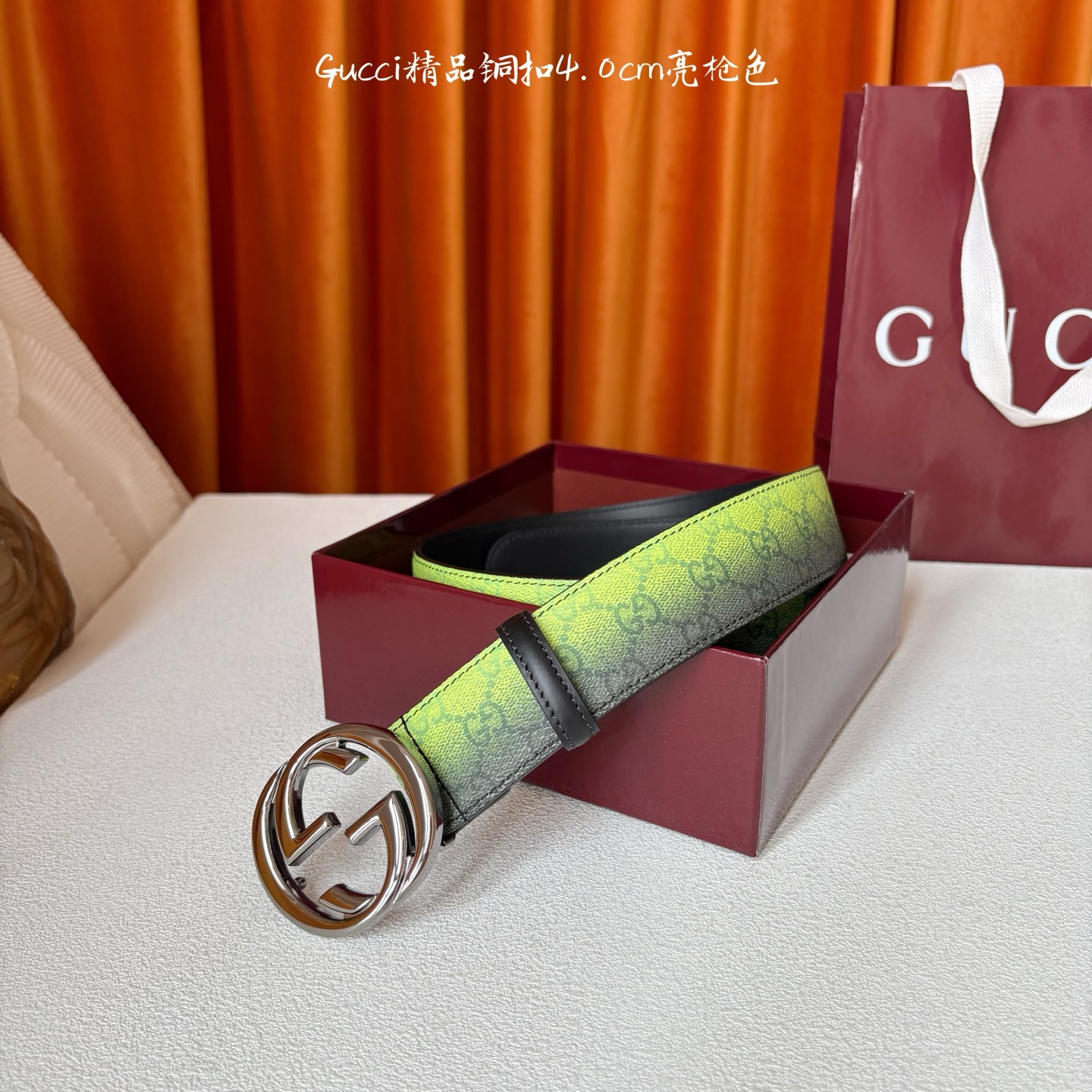 Gucci 新款渐变色绿色面 搭配黑色原版皮底 精品铜扣 宽4.0Cm 经典永不过时款 潮流大方 时尚百