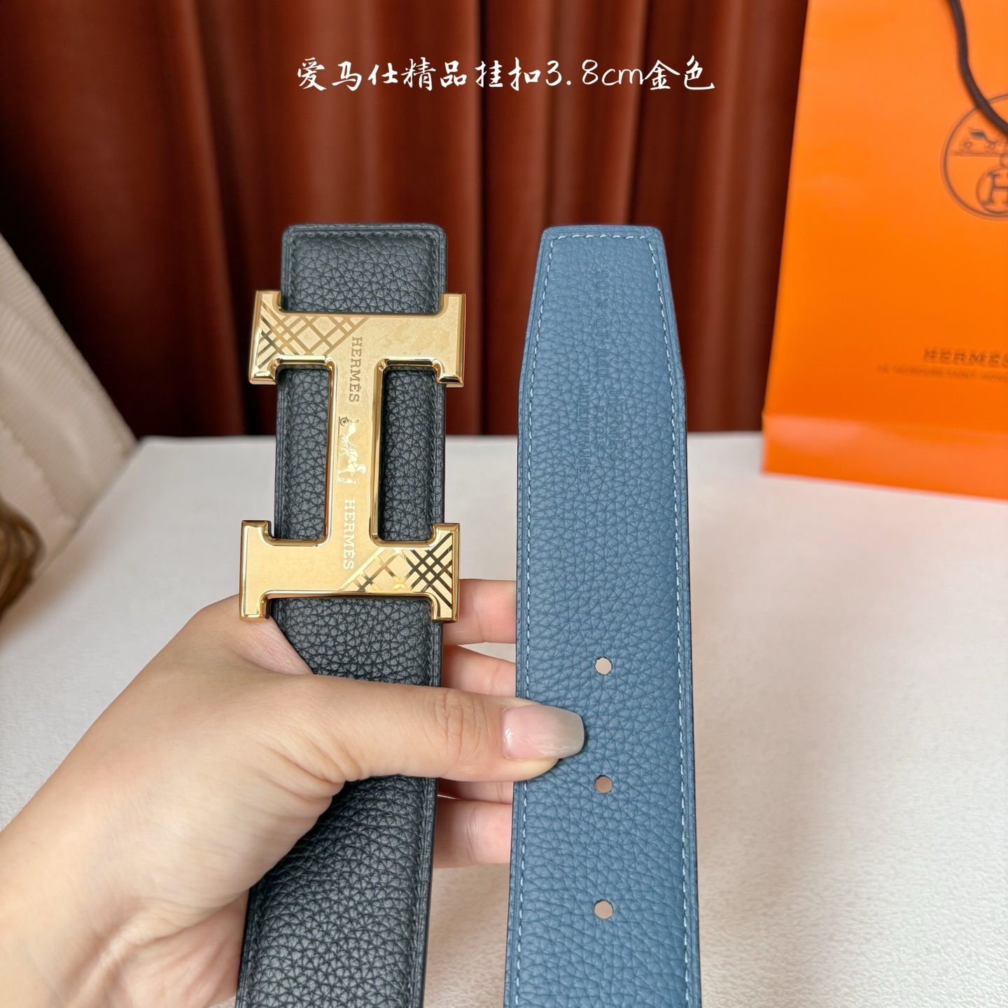 【爱马仕】Hermes 原单爱马仕，宽3.8cm进口原版皮带身，双面可两面用，精品电镀五金 ！