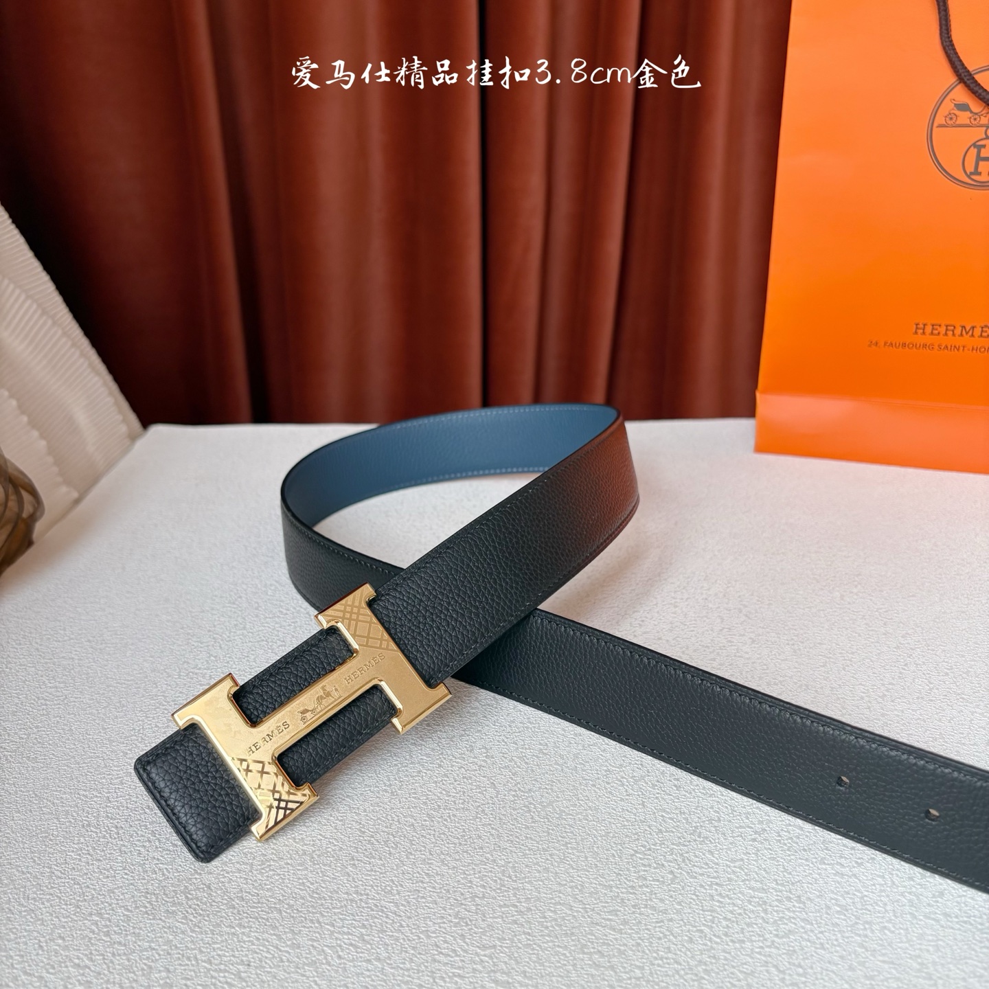 【爱马仕】Hermes 原单爱马仕，宽3.8cm进口原版皮带身，双面可两面用，精品电镀五金 ！