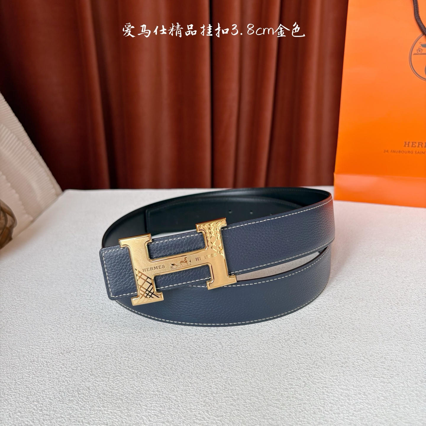 【爱马仕】Hermes 原单爱马仕，宽3.8cm进口原版皮带身，双面可两面用，精品电镀五金 ！