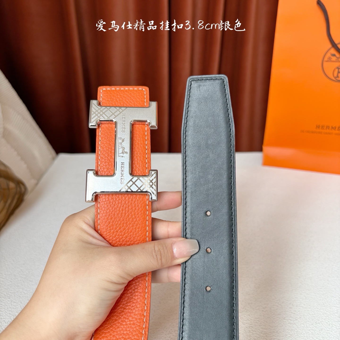 【爱马仕】Hermes 原单爱马仕，宽3.8cm进口原版皮带身，双面可两面用，精品电镀五金 ！